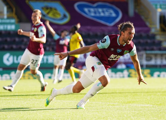 Burnley's Jay Rodriguez celebrates scoring against Watford during their EPL match at Turf Moor, Burnley, on Thursday 