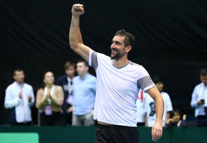Croatia's Marin Cilic celebrates after winning his match against India's Sumit Nagal in the Davis Cup qualifier at Dom Sportova Hall, in Zagreb, Croatia, on Saturday.