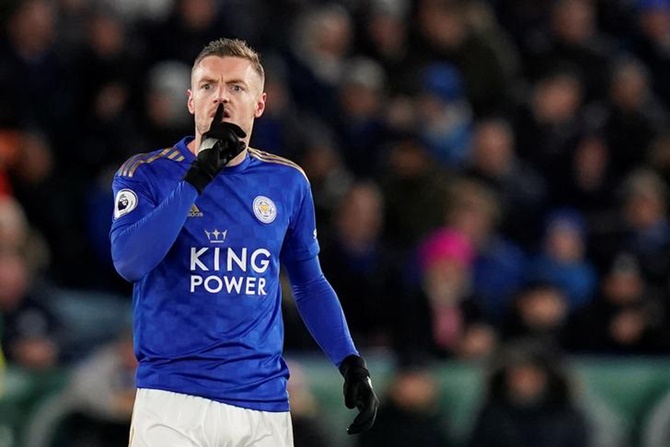 Jamie Vardy celebrates scoring Leicester City's second goal from the penalty spot during Monday's Premier League match against Aston Villa