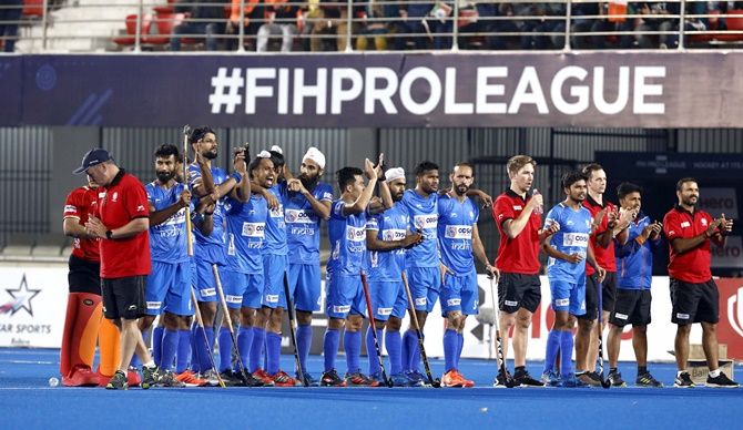 India’s players watch the action during the shoot-out in the FIH Pro League match against Australia in Bhubaneswar, in February