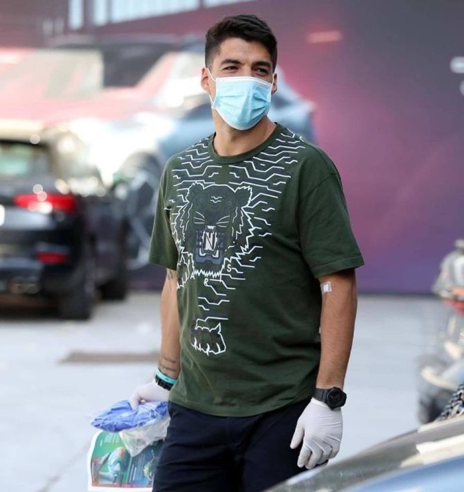 FC Barcelona's Luis Suarez at the club's training centre in Barcelona on Thursday. Tim Meyer, the head of the Bundesliga's new coronavirus task force and chairman of the UEFA medical committee, said his task was to create the highest possible level of safety, based on what was "medically justifiable".