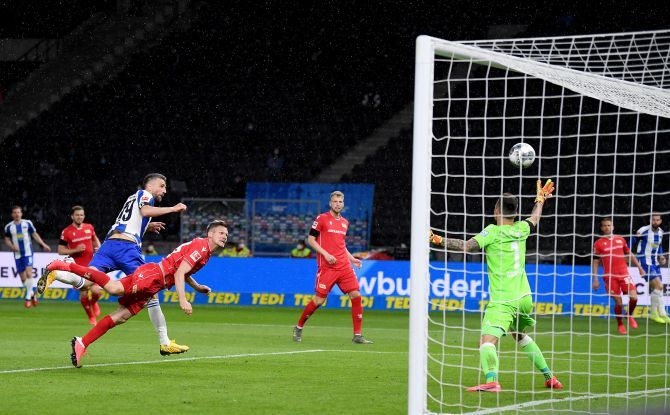 Hertha BSC's Vedad Ibisevic scores their first goal against FC Union Berlin at Olympiastadion, Berlin, Germany on Friday 