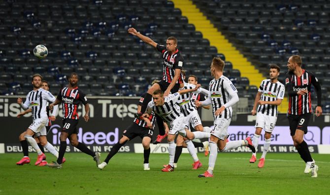 SC Freiburg's Nils Petersen scores their second goal against Eintracht Frankfurt at Commerzbank-Arena, Frankfurt