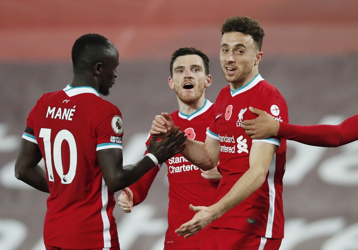 Diogo Jota celebrates scoring Liverpool's  second goal against West Ham United, at Anfield, on Saturday.
