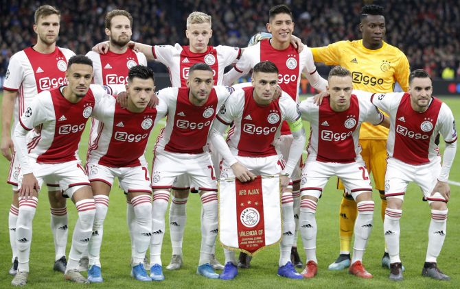 Ajax line up during the UEFA Champions League group H match against Valencia at Amsterdam Arena on December 10, 2019 in Amsterdam, Netherlands