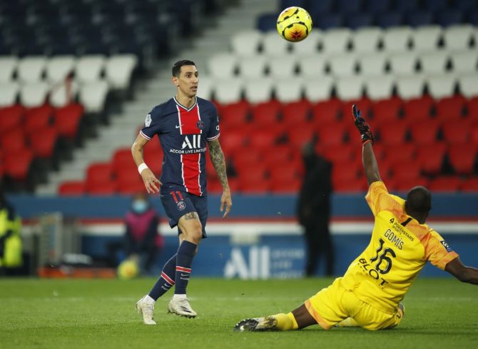 Paris St Germain's Angel Di Maria scores their second goal against Stade Rennes during their Ligue 1 match at Parc des Princes, Paris on Saturday 