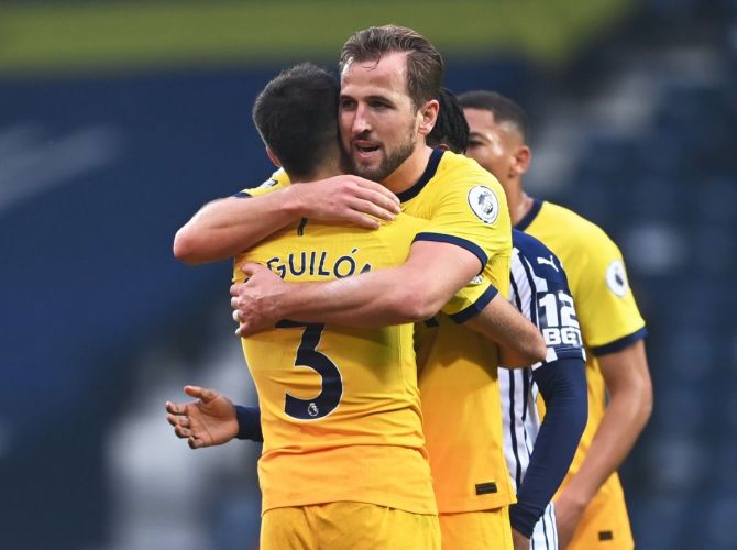 Tottenham Hotspur's Harry Kane celebrates after the win over West Bromwich Albion in West Bromwich on Sunday