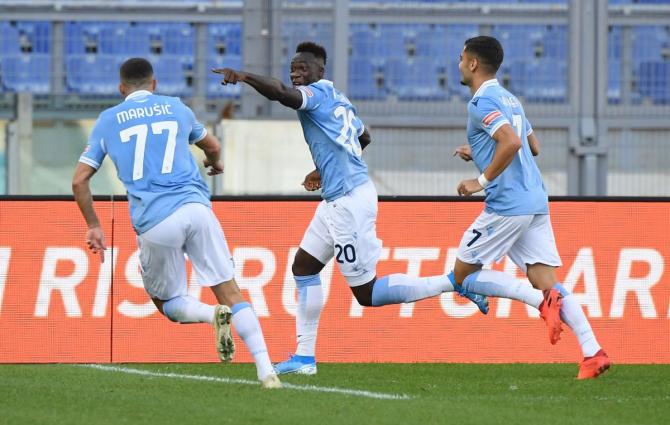 Lazio’s Felipe Caicedo celebrates on scoring the equaliser with Adam Marusic and Andreas Pereira at Stadio Olimpico, Rome, Italy on Sunday 