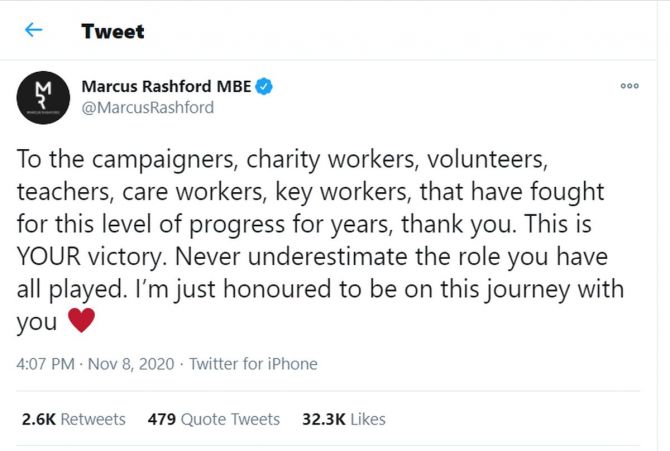 Marcus Rashford's tweet on Sunday
