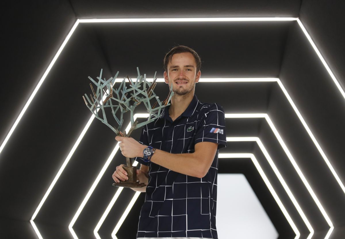 Russia's Daniil Medvedev poses with the trophy as he celebrates winning the ATP Masters 1000 Paris Masters final against Germany's Alexander Zverev in Paris on Sunday 