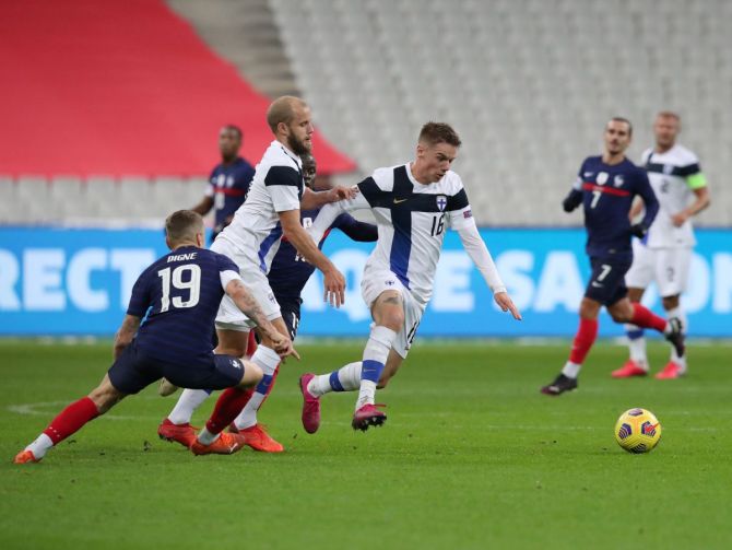 Finland's Robert Taylor in action during their international Friendly against France at Stade de France, Saint-Denis, France
