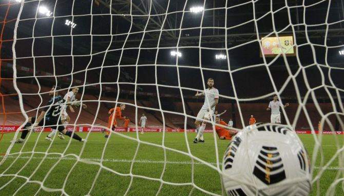 Netherlands’ Donny van de Beek celebrates scoring their first goal against Spain at Johan Cruijff Arena, Amsterdam