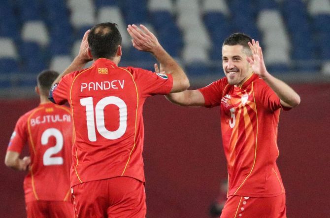 North Macedonia's Goran Pandev celebrates with teammates after scoring their first goal against Georgia at Boris Paichadze Dinamo Arena, Tbilisi, Georgia, on Thursday