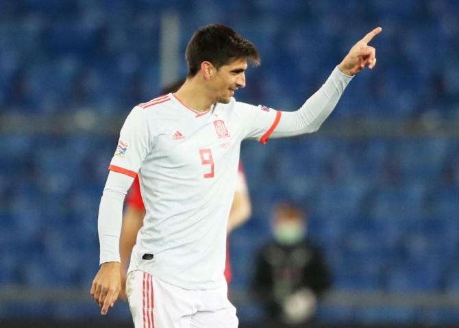 Spain's Gerard Moreno celebrates on scoring the equaliser against Switzerland at St. Jakob-Park, Basel, Switzerland, on Saturday 