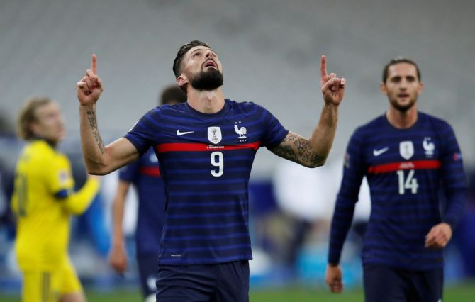 France's Olivier Giroud celebrates scoring against Sweden during their UEFA Nations League - Group C match at Stade de France, Saint-Denis, France, on Tuesday 