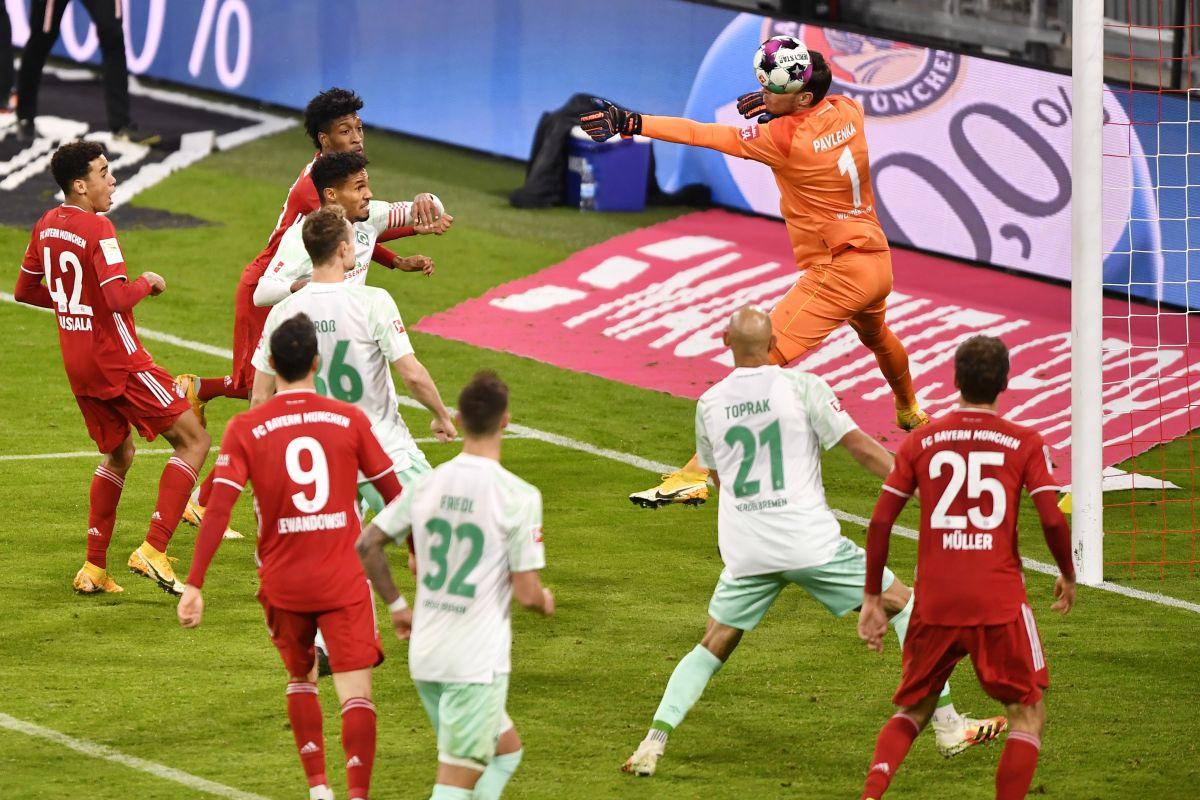 Bayern Munich's Kingsley Coman scores their first goal against Werder Bremen during their Bundesliga match at Allianz Arena, Munich, Germany, on Saturday 