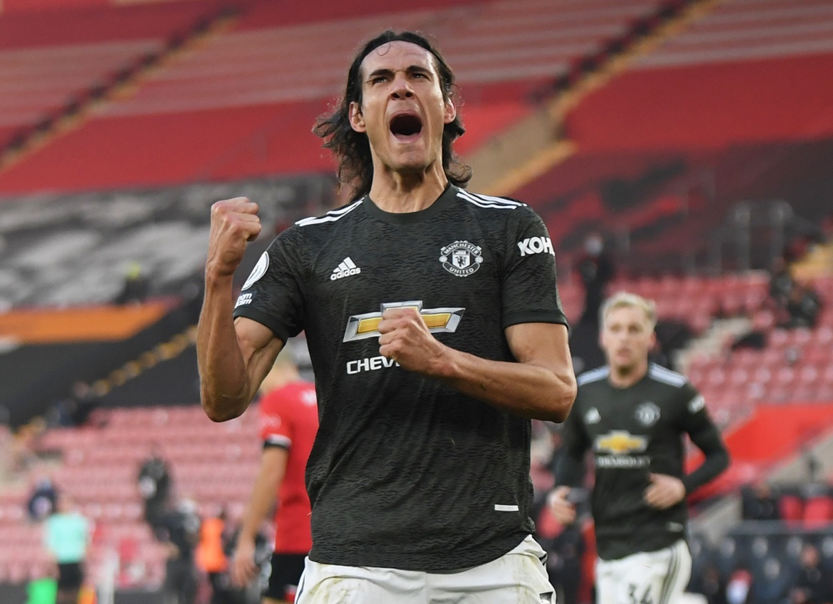 Edinson Cavani celebrates scoring Manchester United's second goal against Southampton 