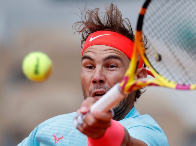 Spain's Rafael Nadal in action during his fourth round match against American Sebastian Korda 