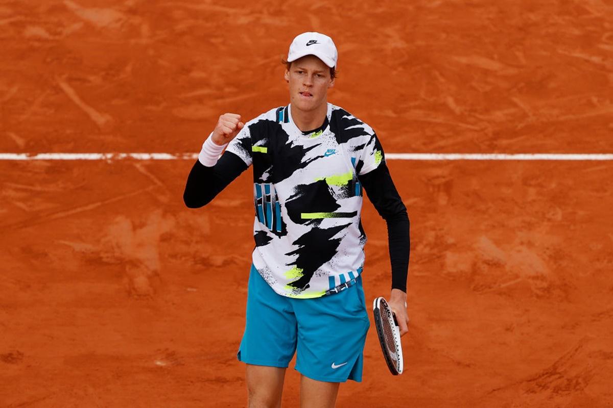 Italy's Jannik Sinner celebrates victory over Germany's Alexander Zverev at the French Open, in Paris, on Sunday