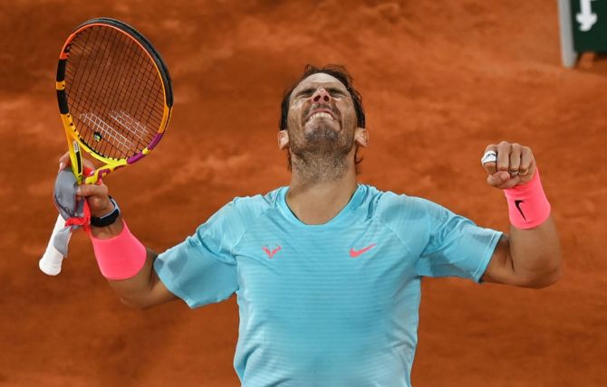 Rafael Nadal celebrates vicotry over Italy's Jannik Sinner in the quarter-finals of the French Open, at Roland Garros, on Tuesday night.