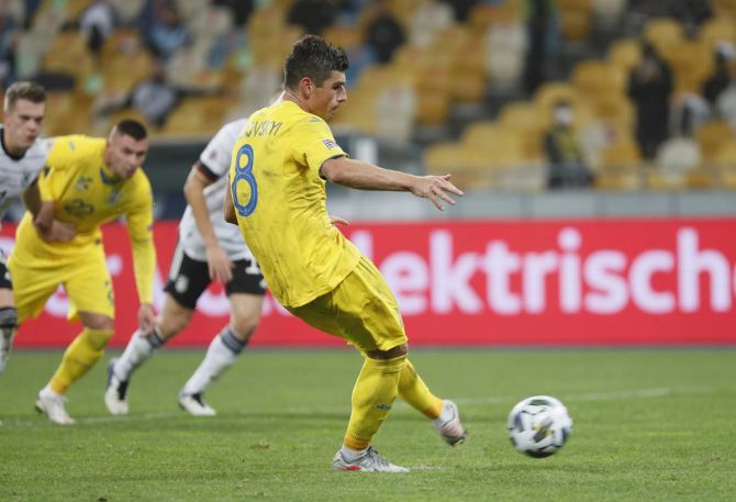 Ruslan Malinovskyi puts Ukraine ahead during the Nations League - League A - Group 4 match against Germany