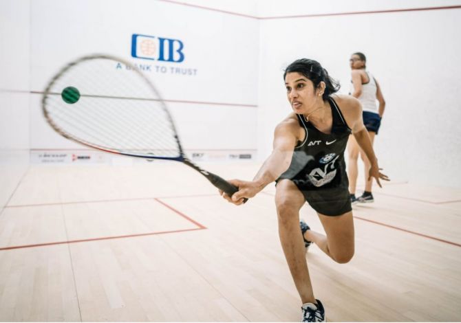 India's Joshna Chinappa in action during her match against Egypt's Farida Mohamed at the Egyptian Open on Tuesday.