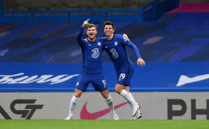 Timo Werner celebrates with teammate Mason Mount after scoring Chelsea's second goal during the Premier League match against Southampton