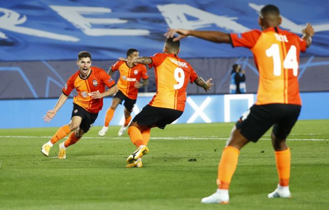 Shakhtar Donetsk's Manor Solomon celebrates scoring their third goal against Real Madridd during their match at Estadio Alfredo Di Stefano in Madrid on Wednesday 