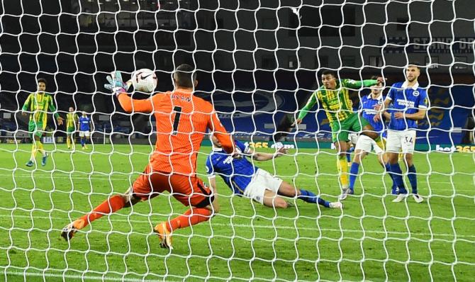 West Bromwich Albion's Karlan Ahearne-Grant scores against Brighton & Hove Albion at The American Express Community Stadium, Brighton on Monday