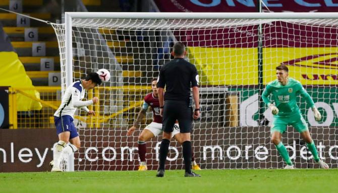 Tottenham Hotspur's Son Heung-min scores their first goal against Burnley at Turf Moor in Burnley on Monday 