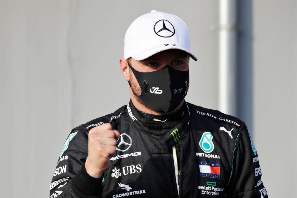 Finland's Valtteri Bottas of Mercedes GP celebrates after taking pole position in the Emilia Romagna Grand Prix at Imola, Italy, on Saturday.