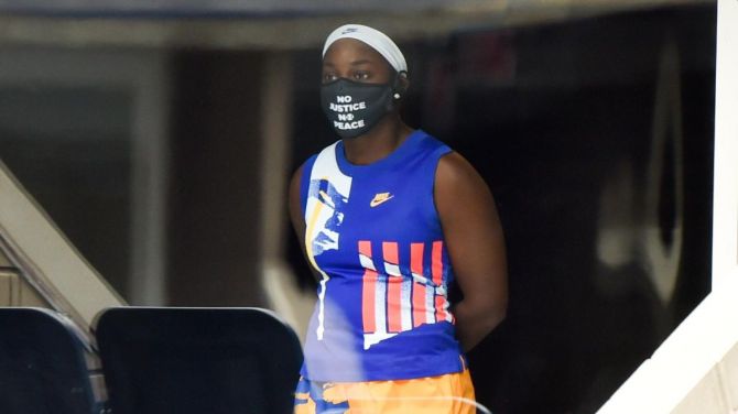 Sloane Stephens, who won the US Open title in 2017, was wearing a face mask with the words "No Justice/No Peace" emblazoned on it to draw attention to racial injustice in the United States