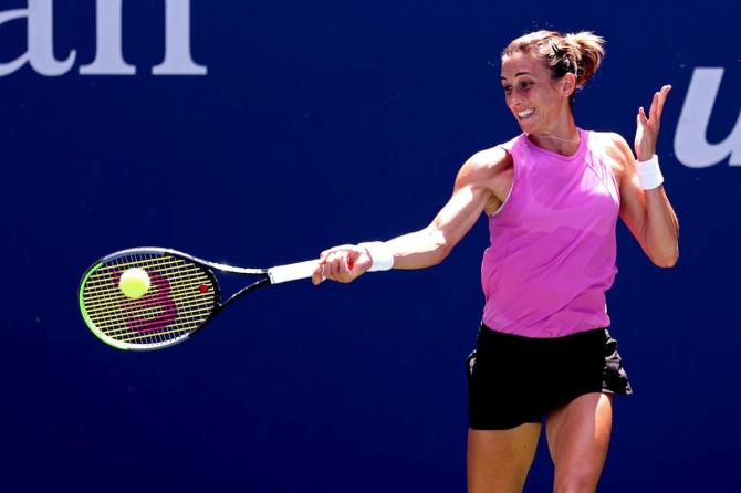 Croatia's Petra Martic plays a return during her third round match against Russia's Varvara Gracheva