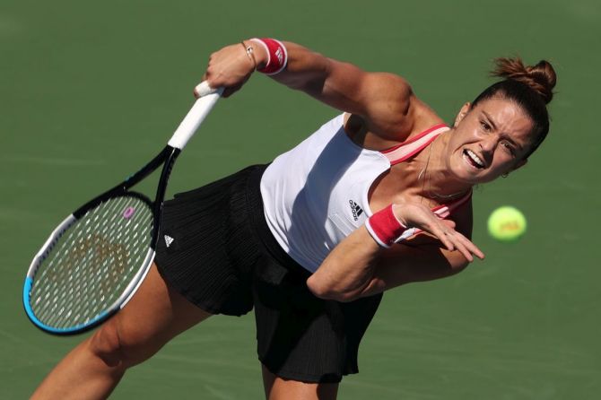 Greece's Maria Sakkari serves during her third round match against American Amanda Anisimova