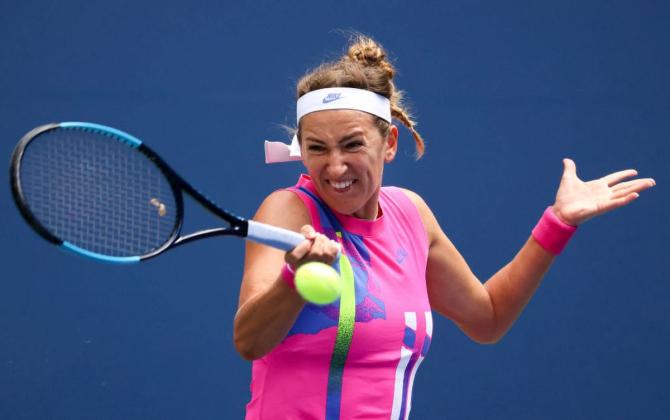 Belarus' Victoria Azarenka plays a return