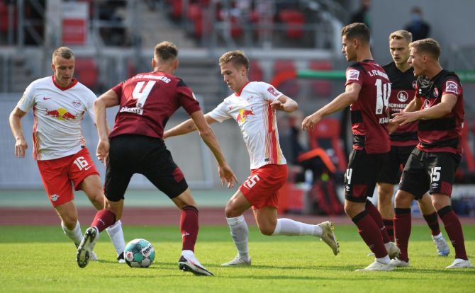 RB Leipzig's Dani Olmo in action during the DFB German Cup first round match between FC Nurnberg and RB Leipzig at Max-Morlock-Stadion in Nuremberg, Germany on Saturday 