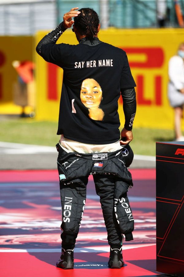 Lewis Hamilton is pictured wearing a shirt in tribute to the late Breonna Taylor