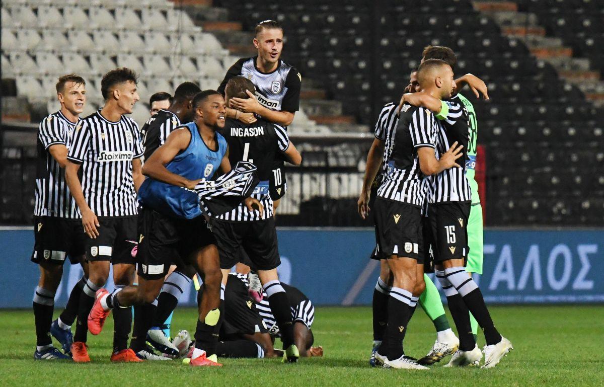 PAOK's Andrija Zivkovic celebrates scoring their second goal with teammates during their Champions League Third Qualifying Round at Toumba Stadium, Thessaloniki, Greece on Tuesday 