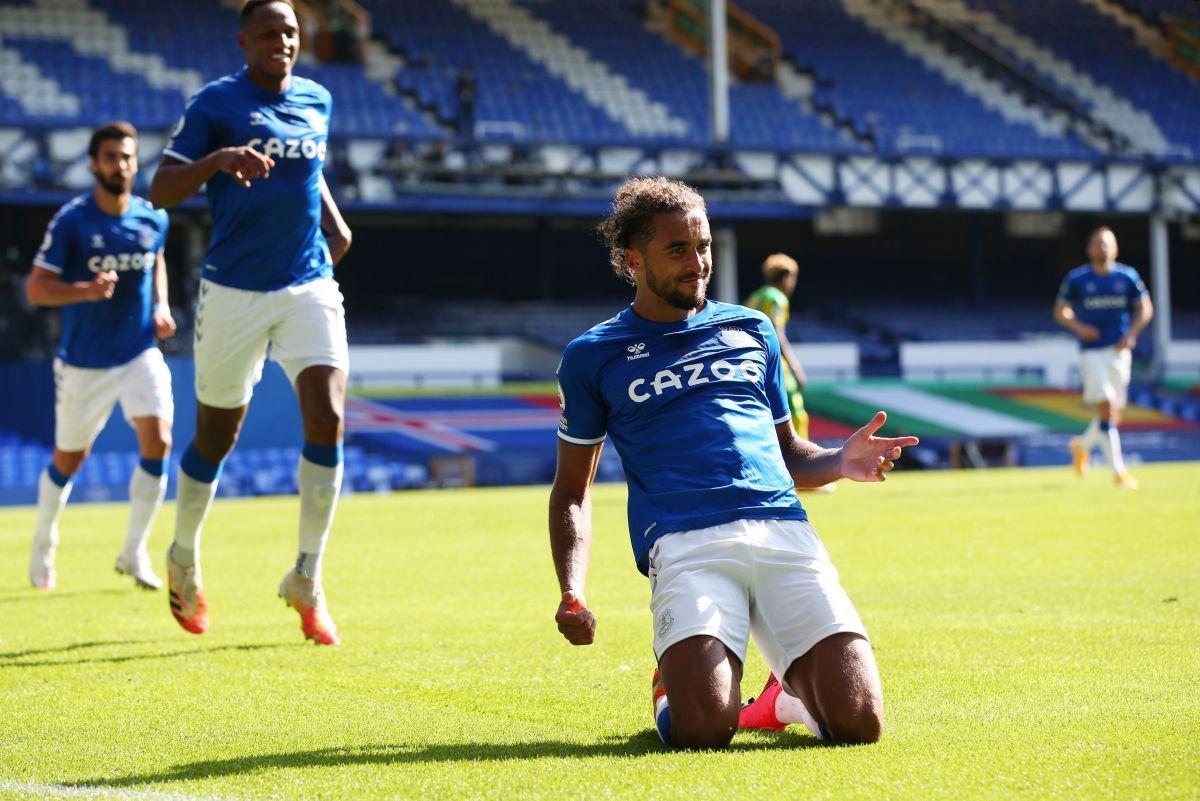 Everton's Dominic Calvert-Lewin celebrates scoring their fifth goal to complete his hat-trick against West Bromwich Albion at Goodison Park in Liverpool on Saturday 