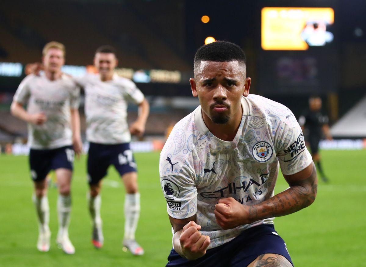  Manchester City's Gabriel Jesus celebrates scoring their third goal against Wolverhampton Wanderers at Molineux Stadium, Wolverhampton, on Monday