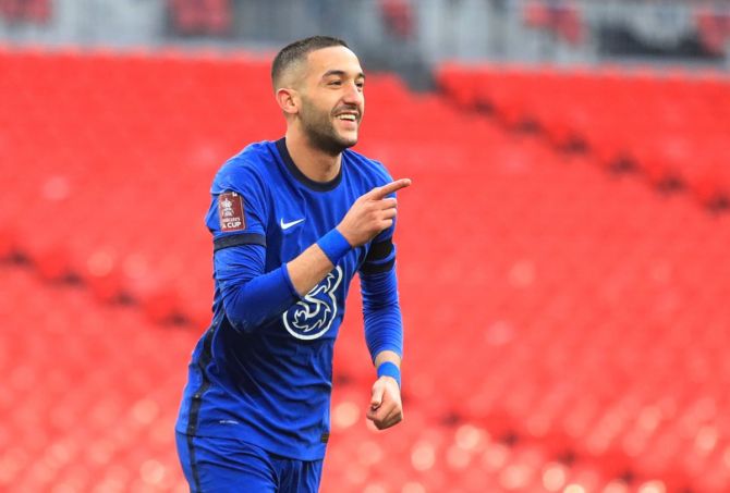 Hakim Ziyech celebrates what turned out to be the winning goal for Chelsea in the FA Cup semi-final at Wembley stadium, London, on Saturday. 