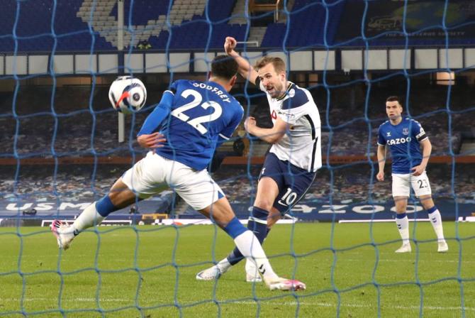 Tottenham Hotspur's Harry Kane scores their second goal against Everton during their EPL match at Goodison Park in Liverpool on Friday