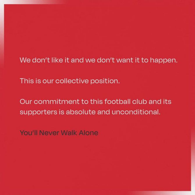 Liverpool captain Jordan Henderson posted this statement on his social media handles. Most of the English clubs made only brief statements but Arsenal apologised to their fans for being involved.