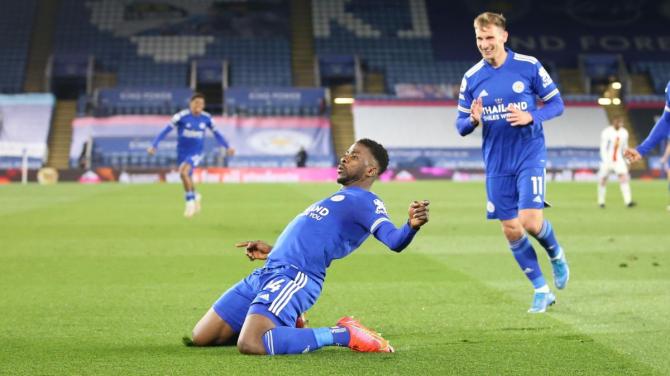 Leicester City's Kelechi Iheanacho celebrate on netting the late winner against Crystal Palace on Monday