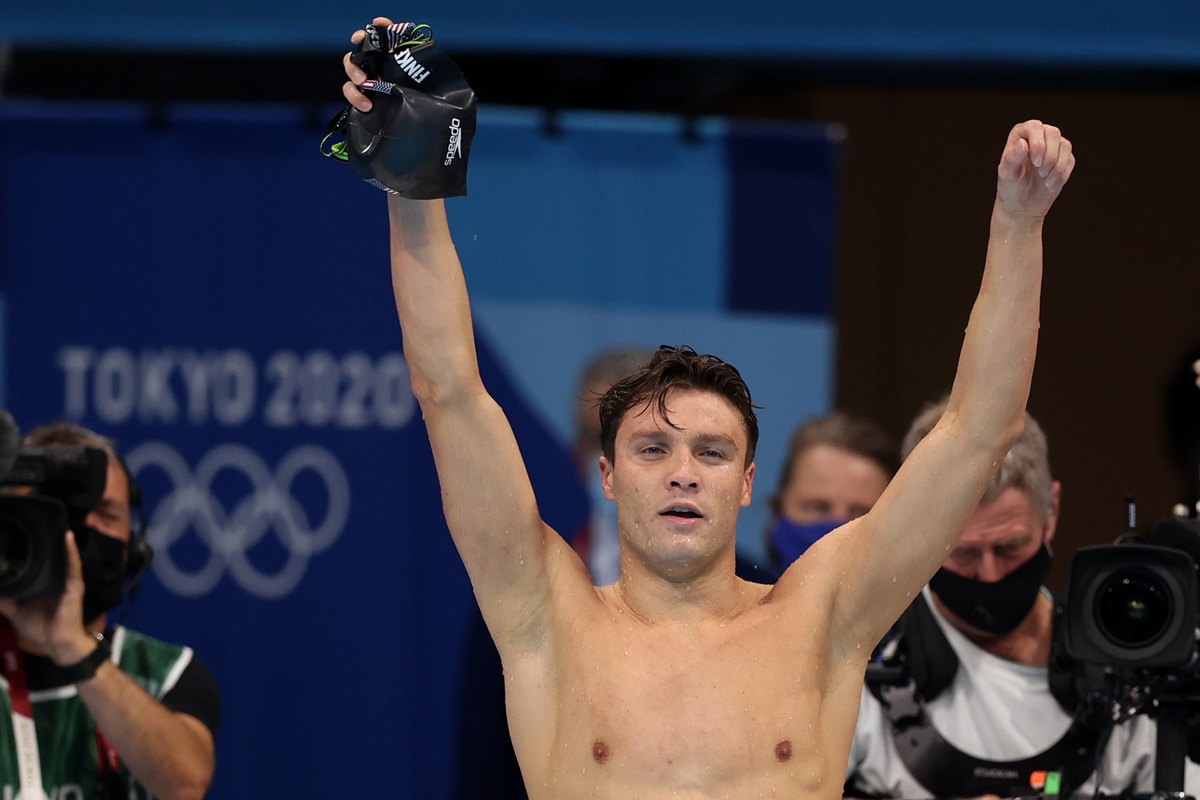 Robert Finke of the United States celebrates winning the men's 1500m Freestyle final. 