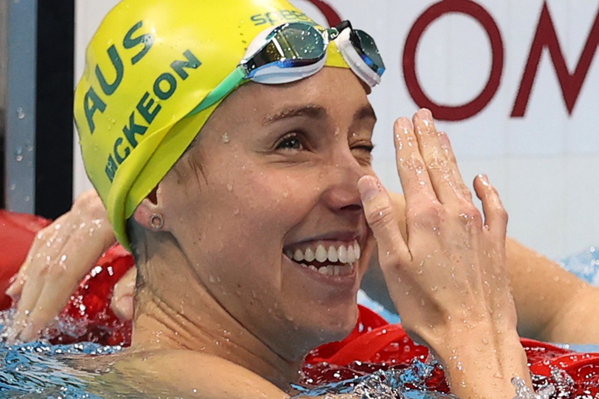 Australia's Emma McKeon celebrates winning the women's 50m Freestyle final.
