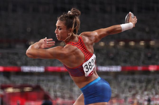 Valarie Allman of the United States competes in the Olympics women's Discus Throw final. 