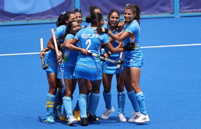 Gurjit Kaur celebrates scoring the all-important goal for India in the Olympics women's quarter-final against Australia, at Oi Hockey Stadium in Tokyo, on Monday