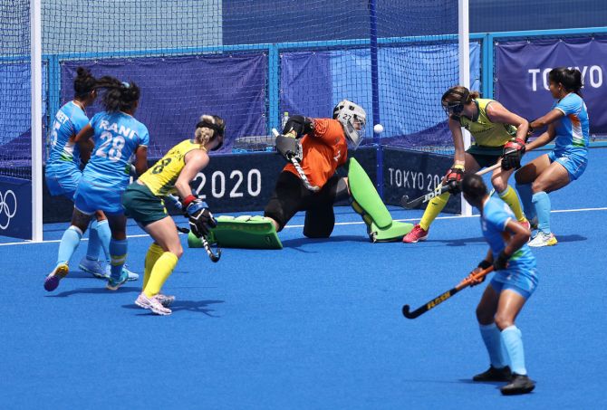 India's Gurjit Kaur scores from a penalty-corner.