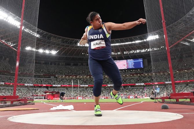 India's Kamalpreet Kaur competes in the Olympics women's Discus Throw final, at Olympic Stadium in Tokyo, on Monday.